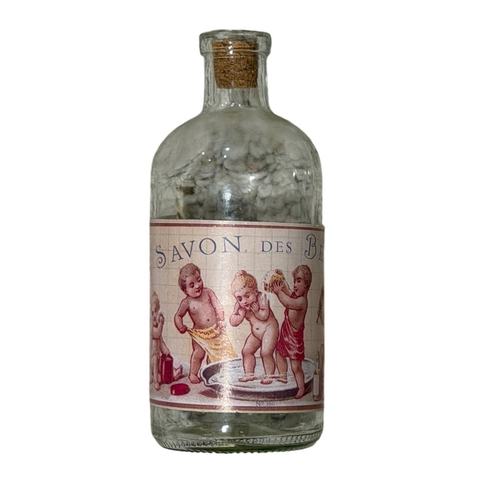 French Apothecary Decorative Glass Bottle w Cork Savon des Bébés Paris